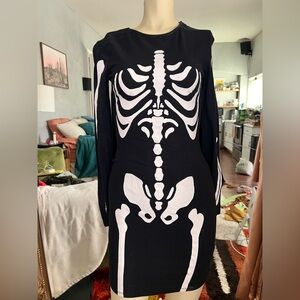Divided Black Mini Dress with White Skeleton Print
